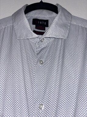 1670 Slim Fit Dress Shirt Mens 15.5 White Blue Micro Check Stretch Button Up
